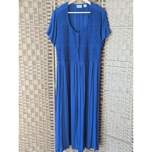 Vermont Country Store Blue Smocked Rayon Maxi Dress XL Short Sleeve Tie Back